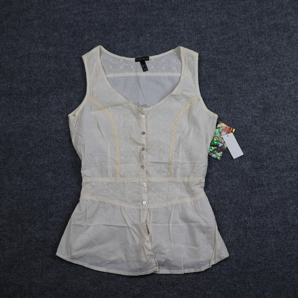 FANG Sleeveless Shirt Womens Medium Cream Button Front‎ Eyelet Peplum Top